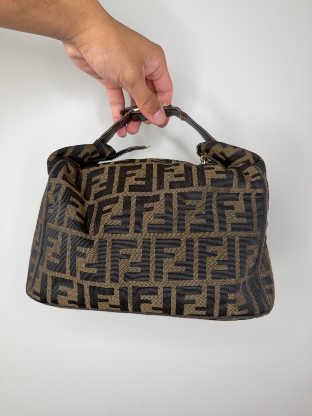 FENDI Zucca hand bag vanity bag pouch Canvas Leather khaki
